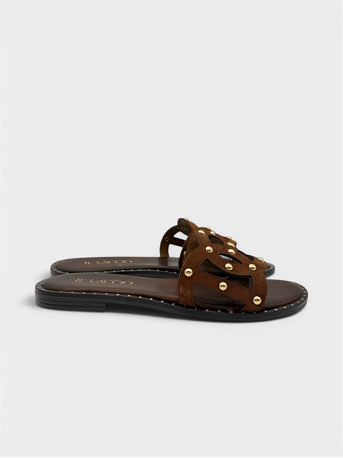 Ciabatta flat in suede cuoio con trafori e borchie IL LACCIO | P100CROSTACUOIO